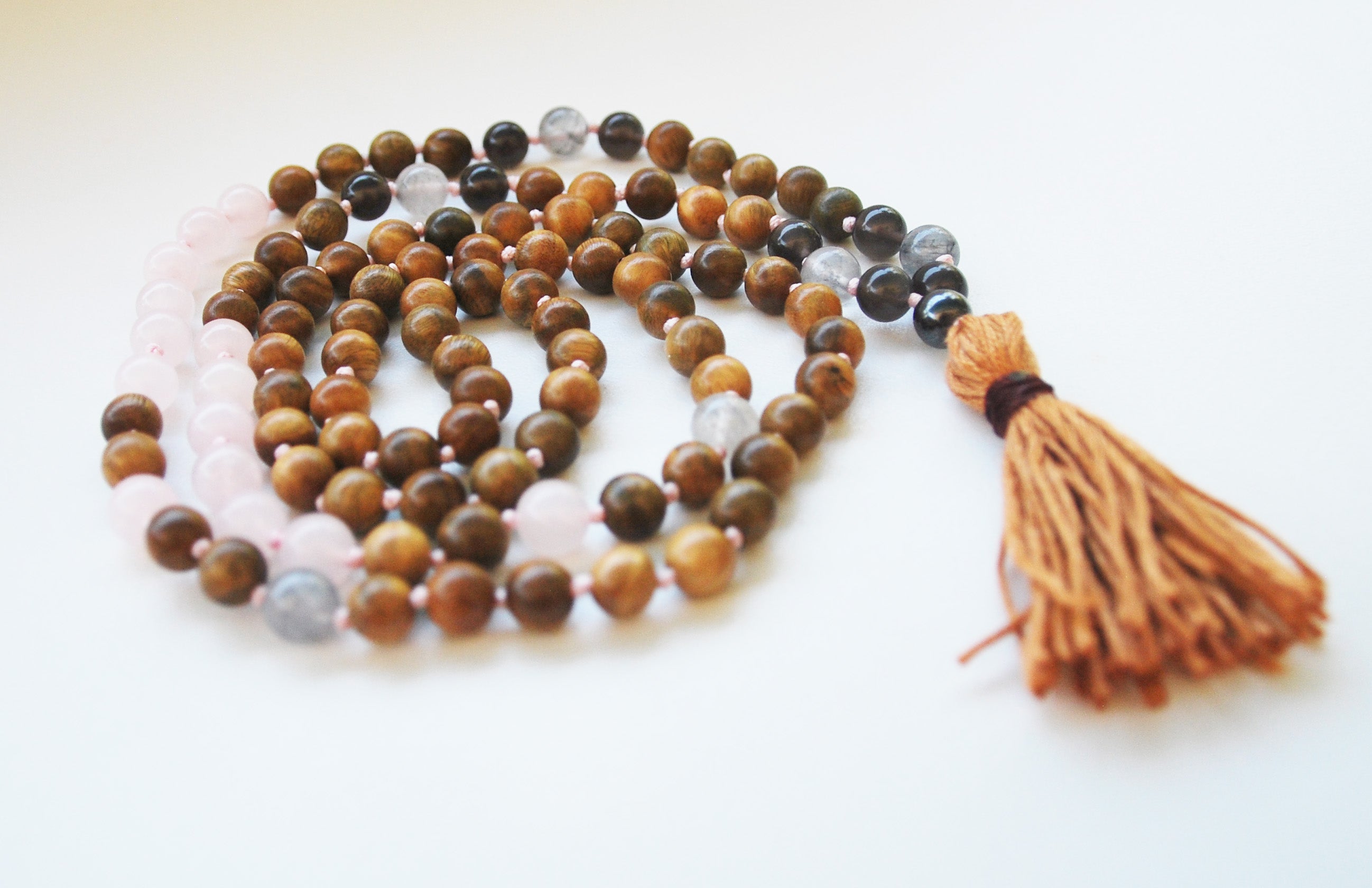 8mm Green Sandalwood & Rose Quartz 108 Knotted Mala Necklace with Cotton Tassel