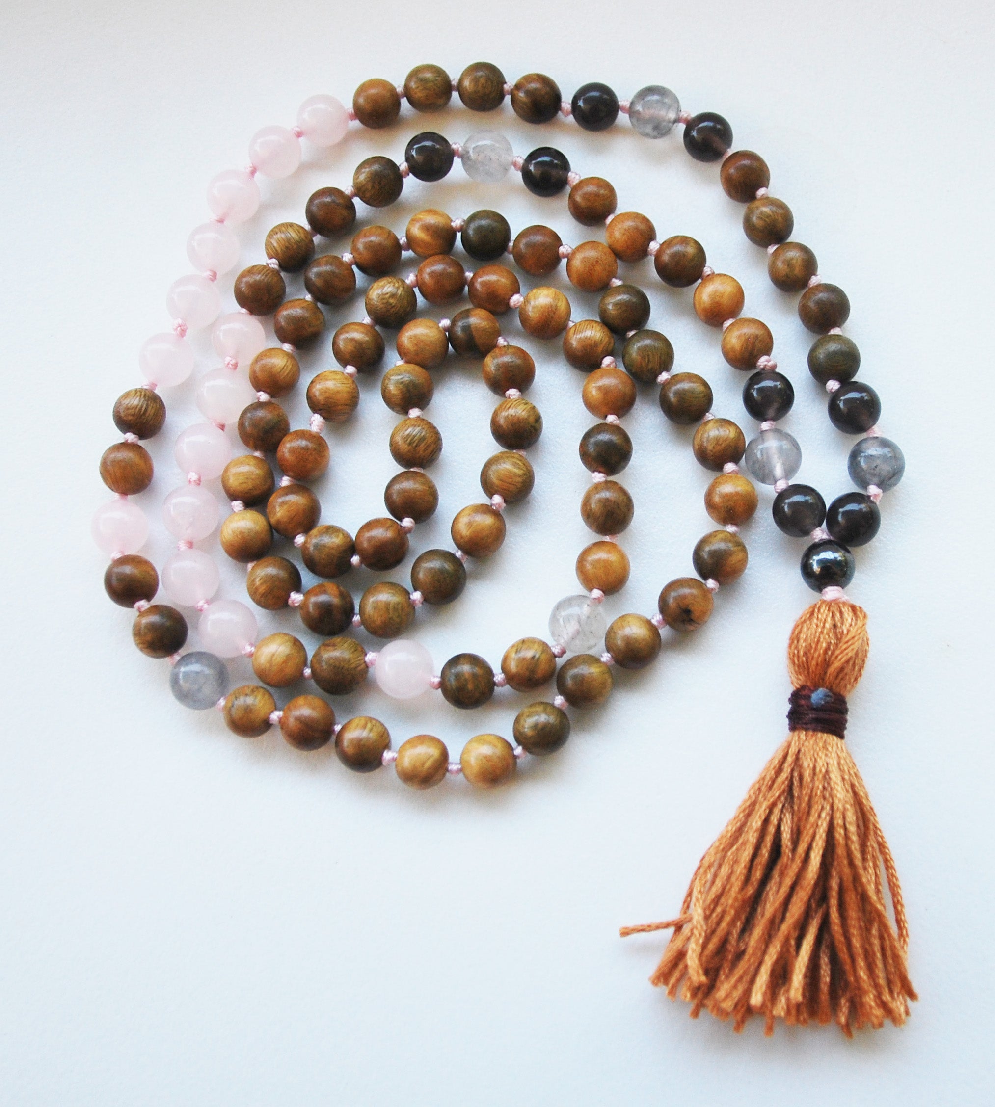 8mm Green Sandalwood & Rose Quartz 108 Knotted Mala Necklace with Cotton Tassel