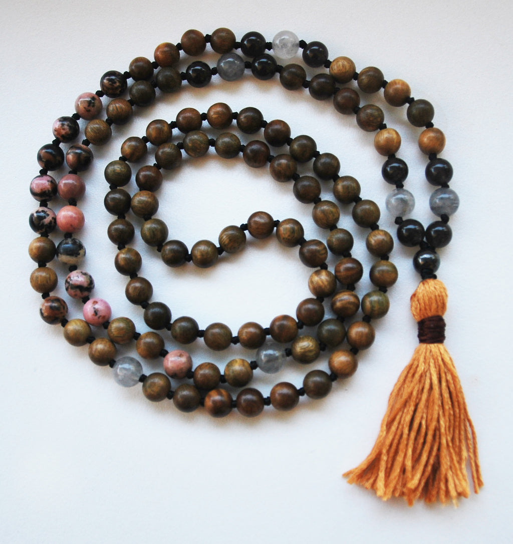 8mm Green Sandalwood & Rhodonite 108 Knotted Mala Necklace with Cotton Tassel
