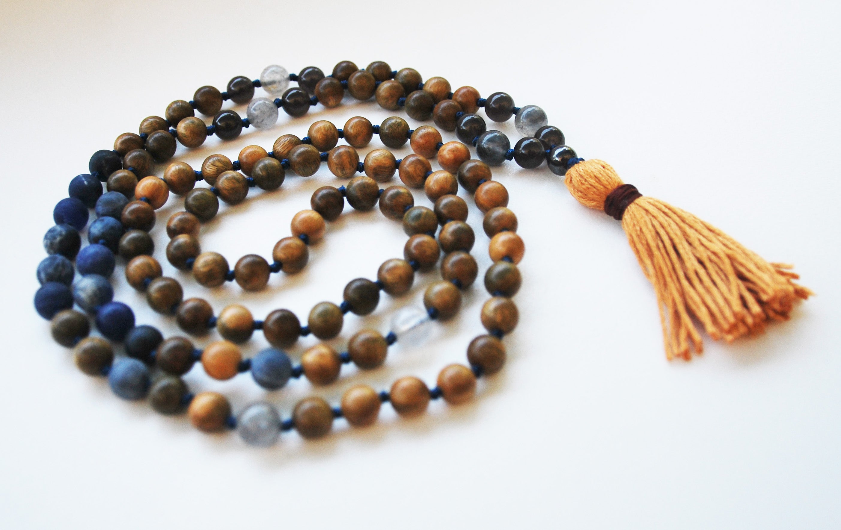 8mm Green Sandalwood & Matte Sodalite 108 Knotted Mala Necklace with Cotton Tassel