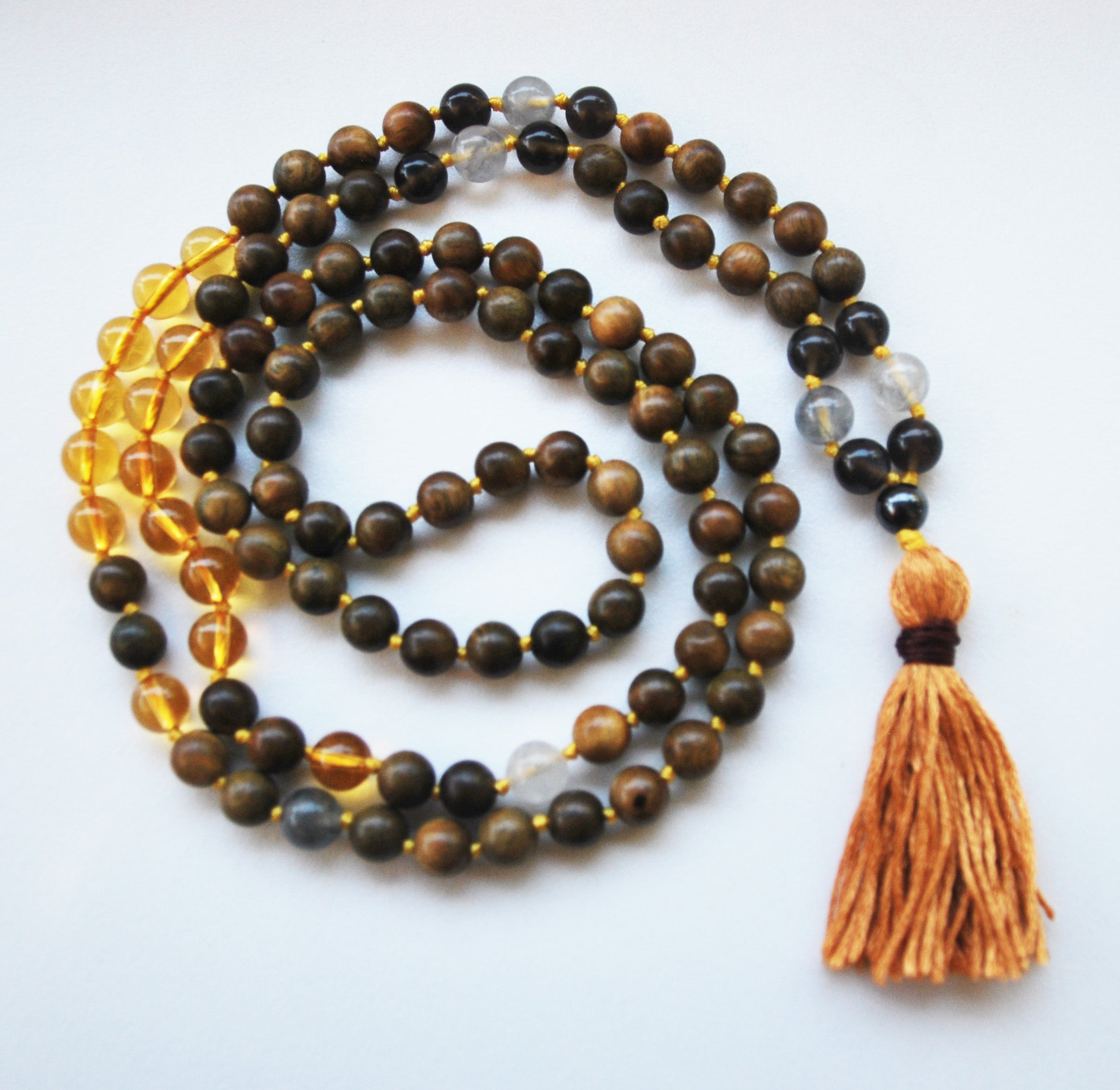 8mm Green Sandalwood & Citrine 108 Knotted Mala Necklace with Cotton Tassel