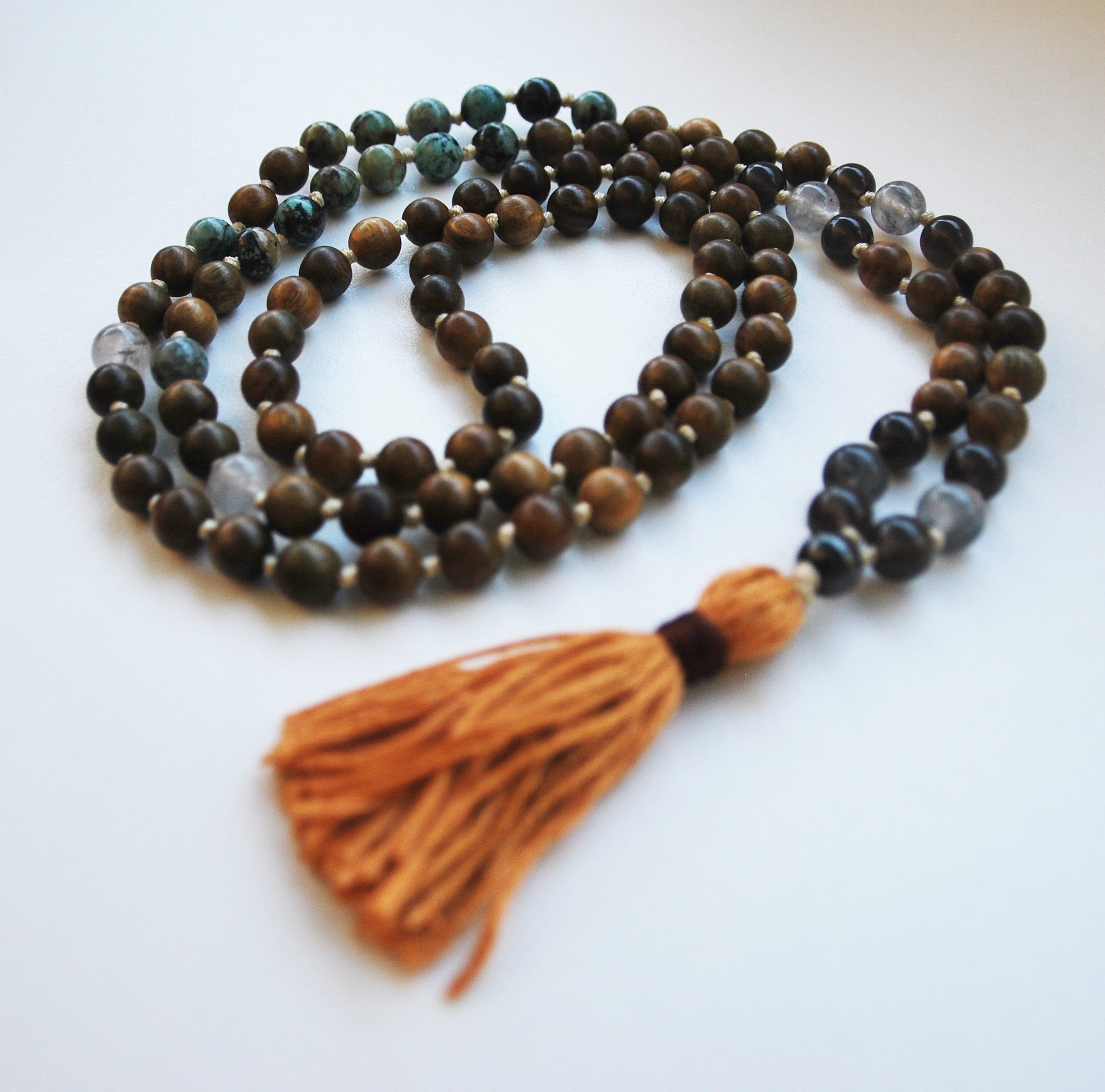 8mm Green Sandalwood & African Turquoise 108 Knotted Mala Necklace with Cotton Tassel