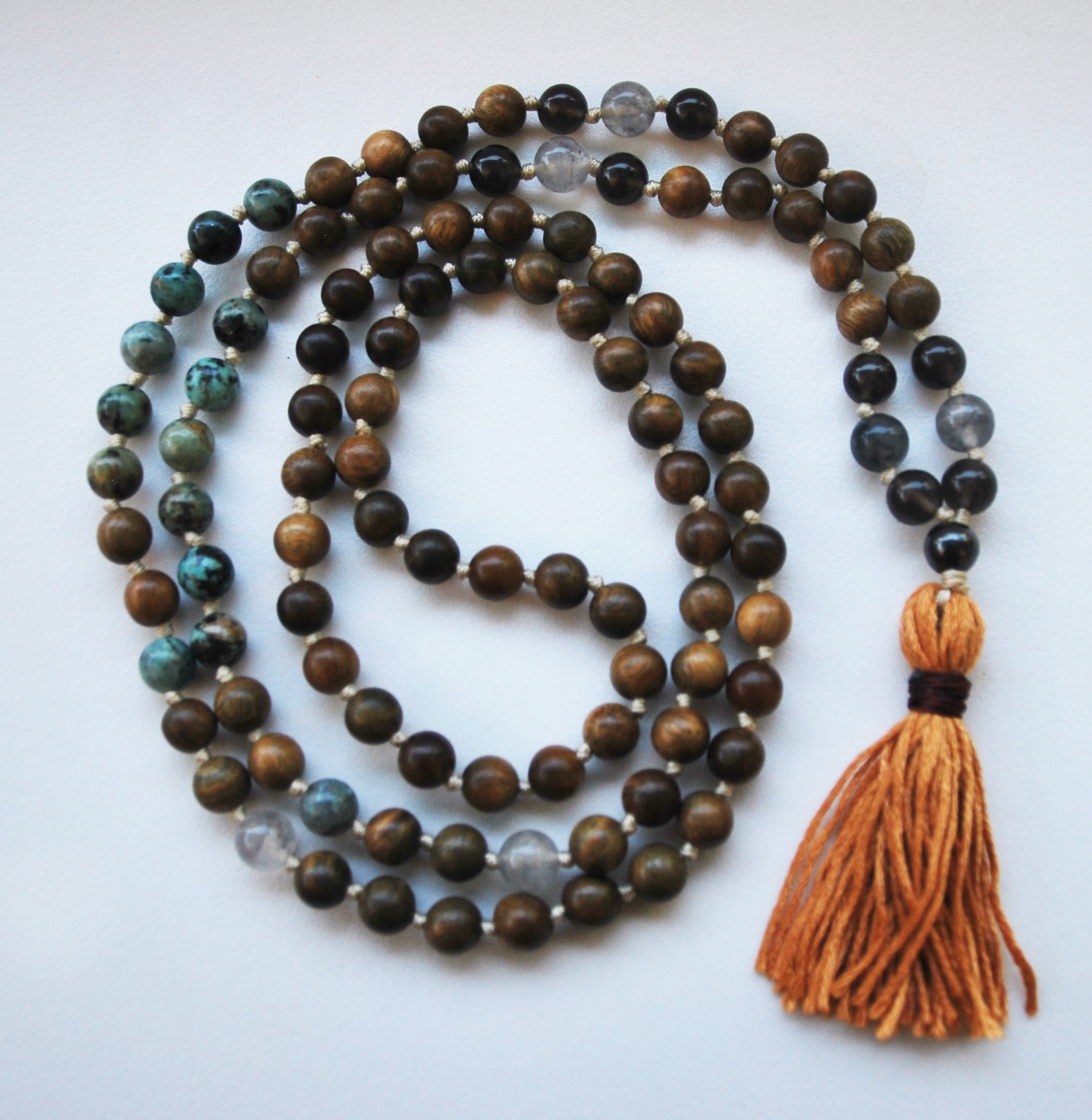 8mm Green Sandalwood & African Turquoise 108 Knotted Mala Necklace with Cotton Tassel