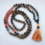 8mm Green Sandalwood & Matte Strawberry Crystal 108 Knotted Mala Necklace with Cotton Tassel