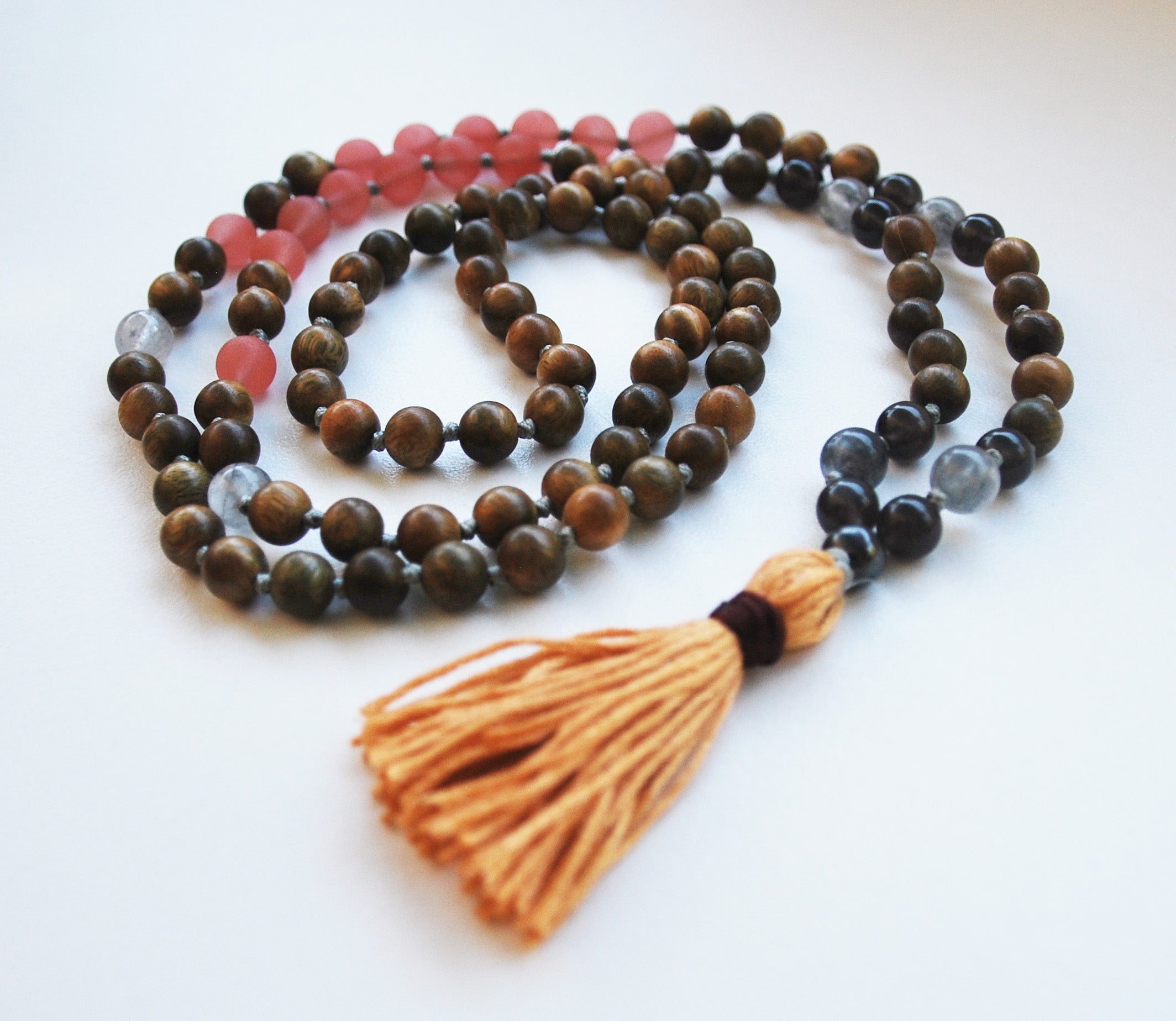 8mm Green Sandalwood & Matte Strawberry Crystal 108 Knotted Mala Necklace with Cotton Tassel