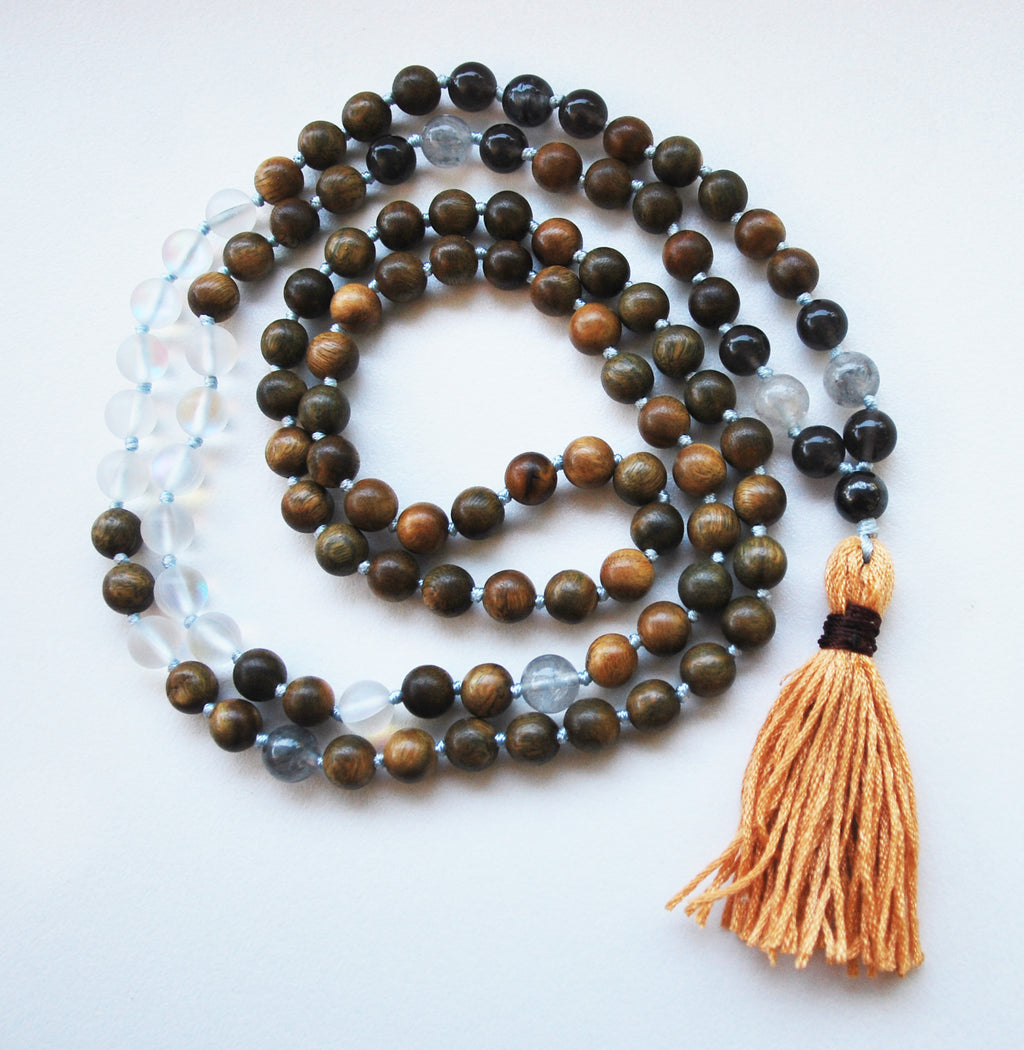 8mm Green Sandalwood & Austrian Crystal 108 Knotted Mala Necklace with Cotton Tassel