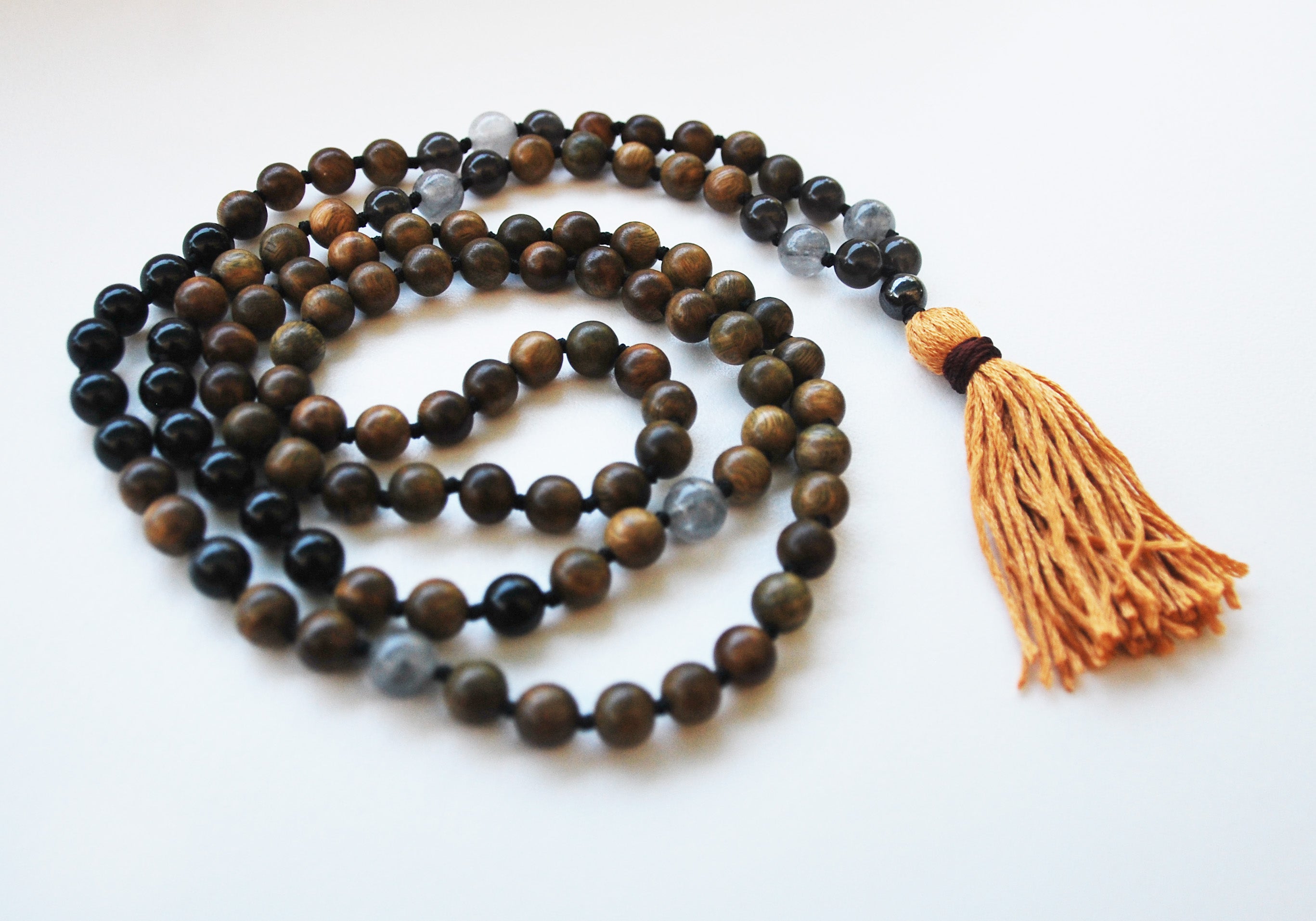 8mm Green Sandalwood & Obsidian 108 Knotted Mala Necklace with Cotton Tassel