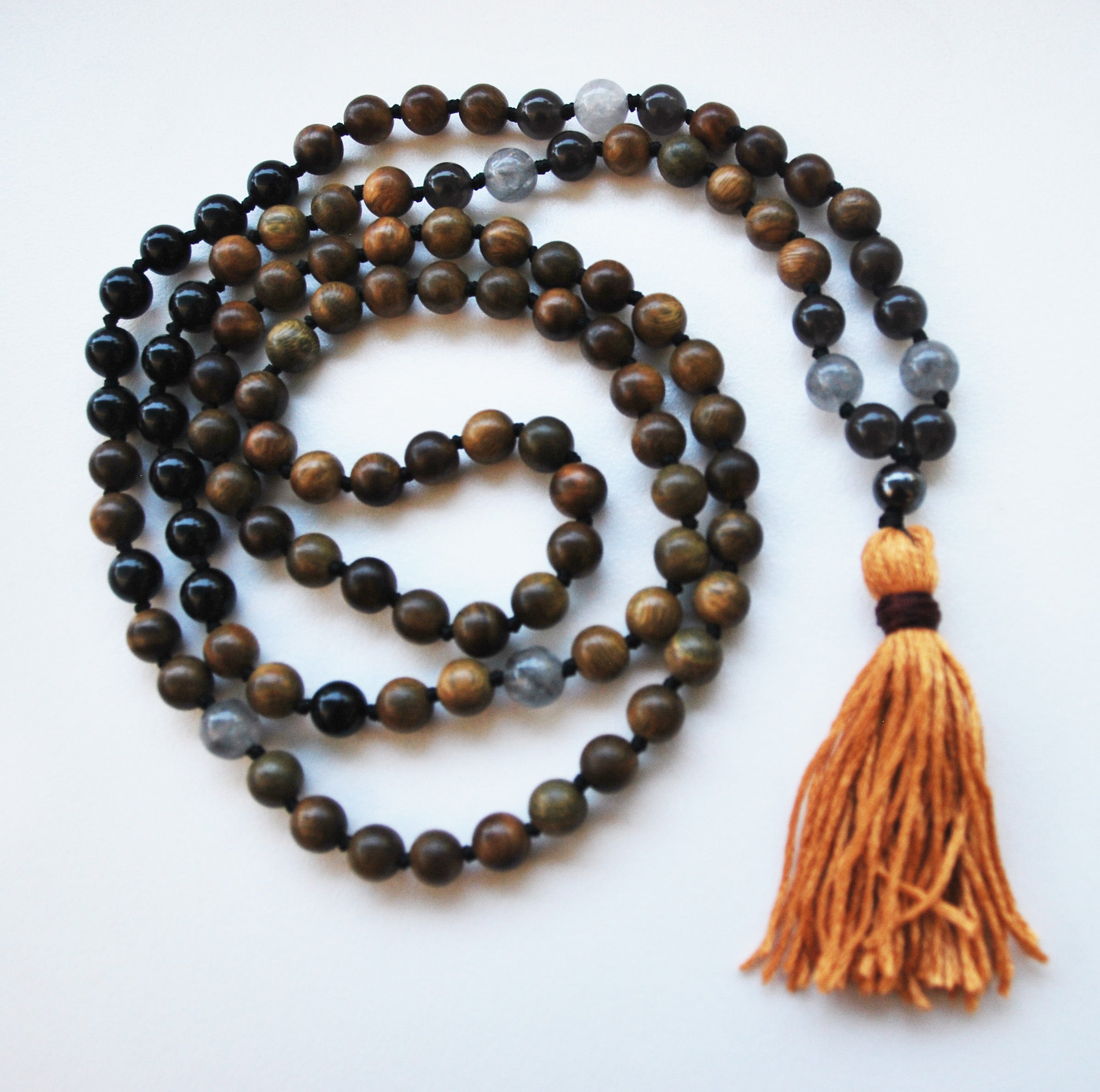 8mm Green Sandalwood & Obsidian 108 Knotted Mala Necklace with Cotton Tassel