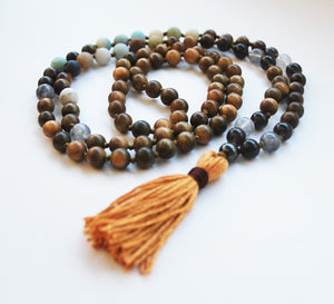 8mm Green Sandalwood & Amazonite 108 Knotted Mala Necklace with Cotton Tassel