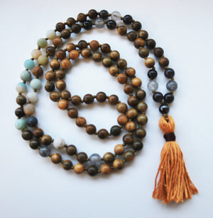 8mm Green Sandalwood & Amazonite 108 Knotted Mala Necklace with Cotton Tassel