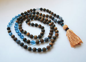 8mm Green Sandalwood & Phantom Crystal 108 Knotted Mala Necklace with Cotton Tassel