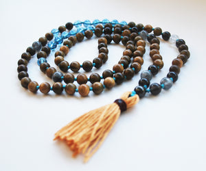 8mm Green Sandalwood & Phantom Crystal 108 Knotted Mala Necklace with Cotton Tassel