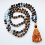 8mm Green Sandalwood & Aquamarine 108 Knotted Mala Necklace with Cotton Tassel