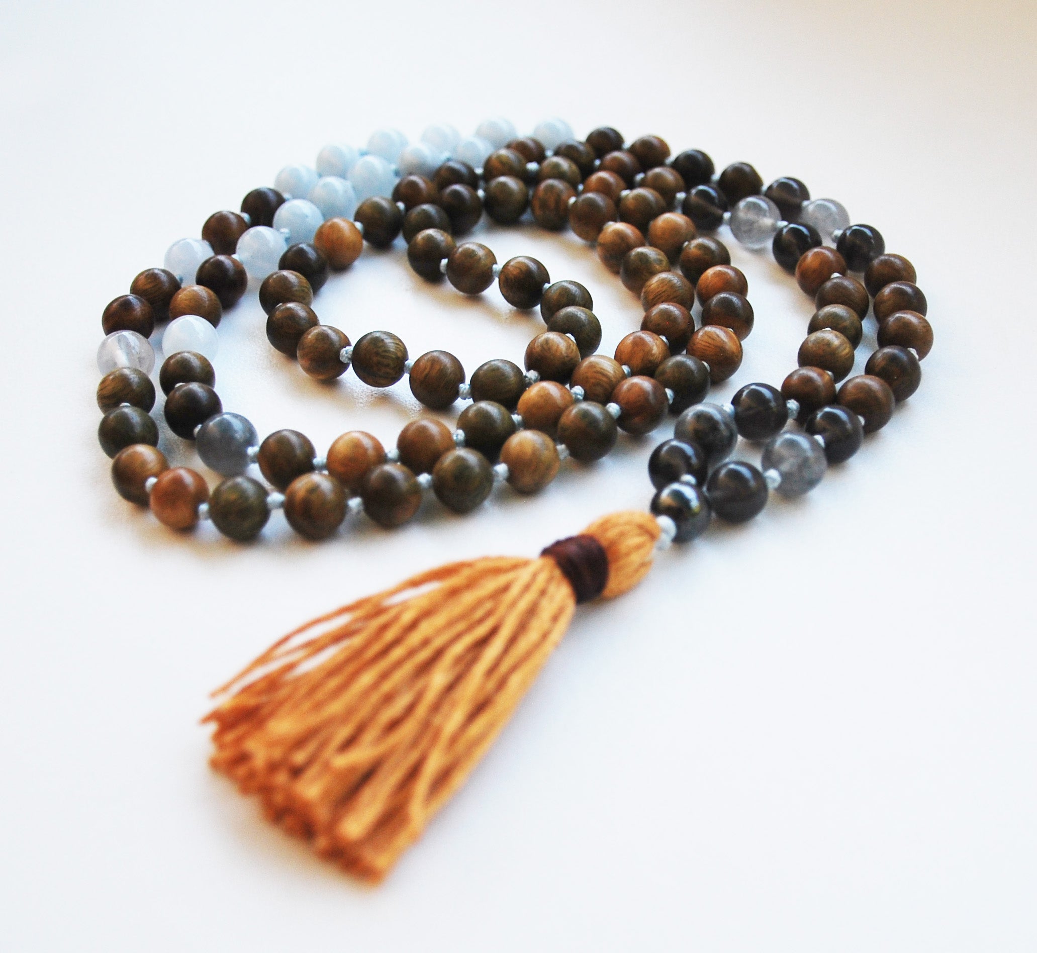 8mm Green Sandalwood & Aquamarine 108 Knotted Mala Necklace with Cotton Tassel