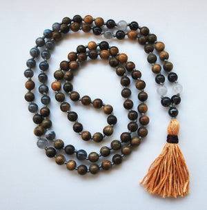8mm Green Sandalwood & Labradorite 108 Knotted Mala Necklace with Cotton Tassel