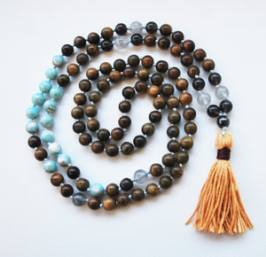 8mm Green Sandalwood & Blue Turquoise 108 Knotted Mala Necklace with Cotton Tassel