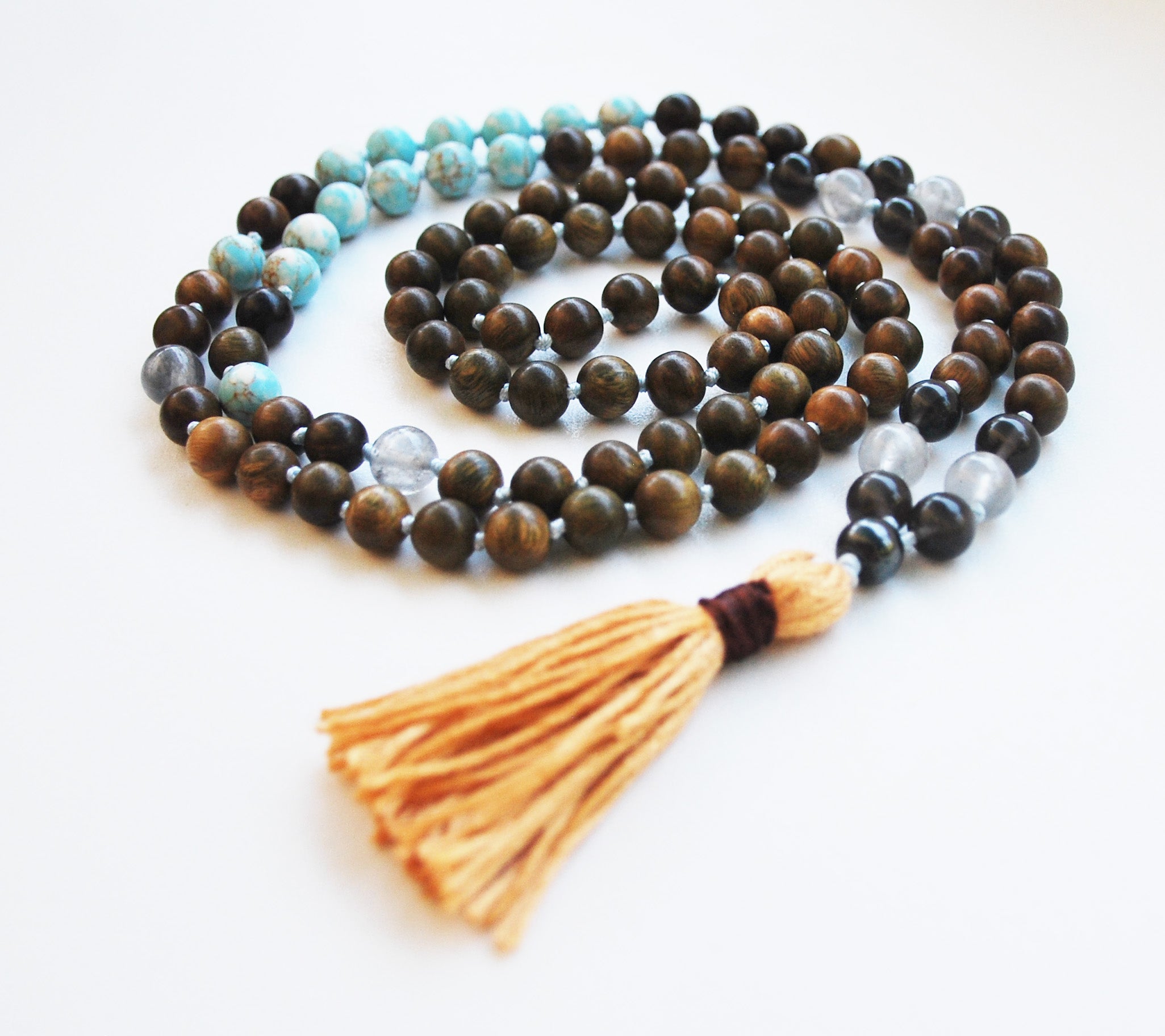 8mm Green Sandalwood & Blue Turquoise 108 Knotted Mala Necklace with Cotton Tassel