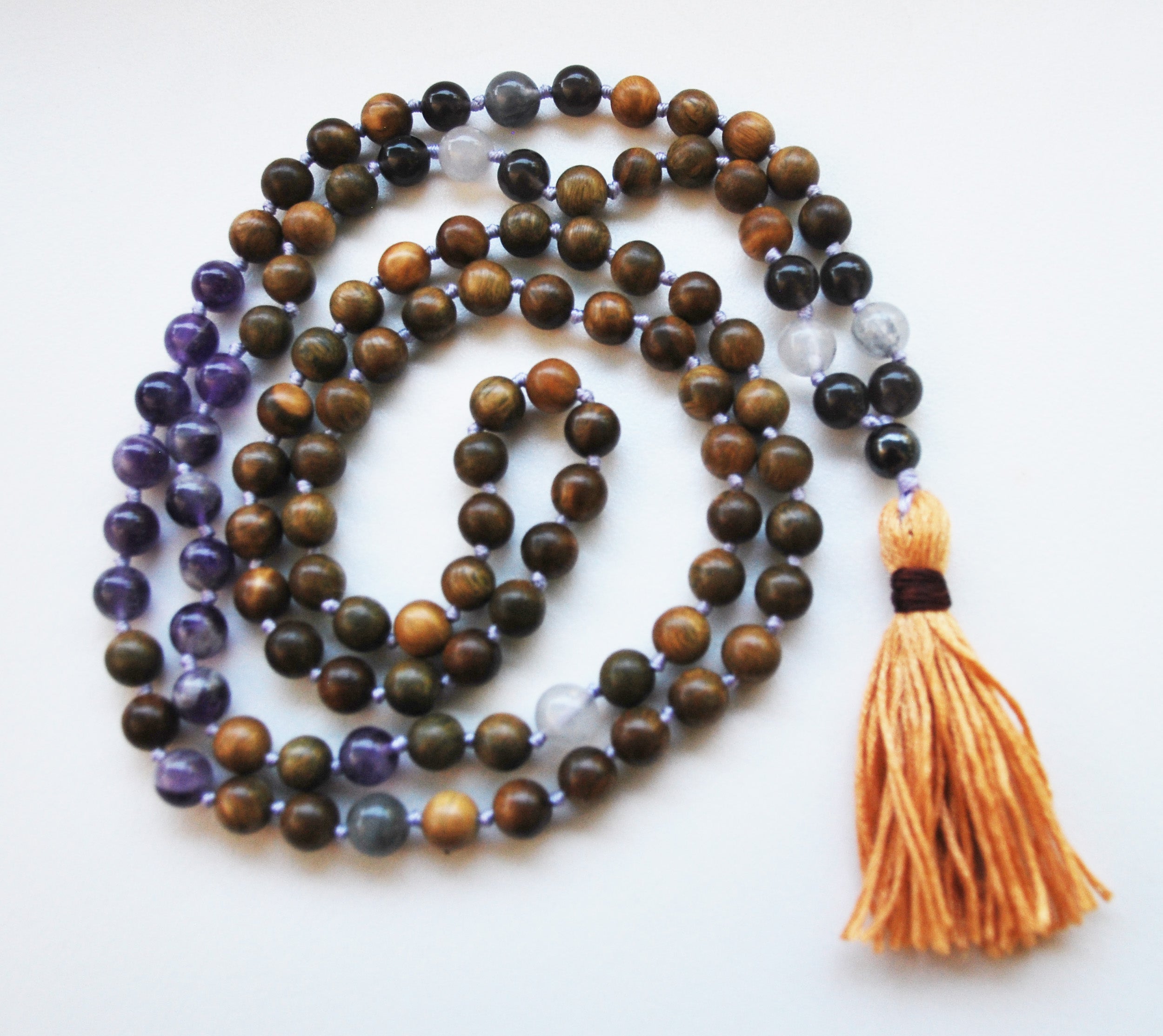 8mm Green Sandalwood & Amethyst 108 Knotted Mala Necklace with Cotton Tassel