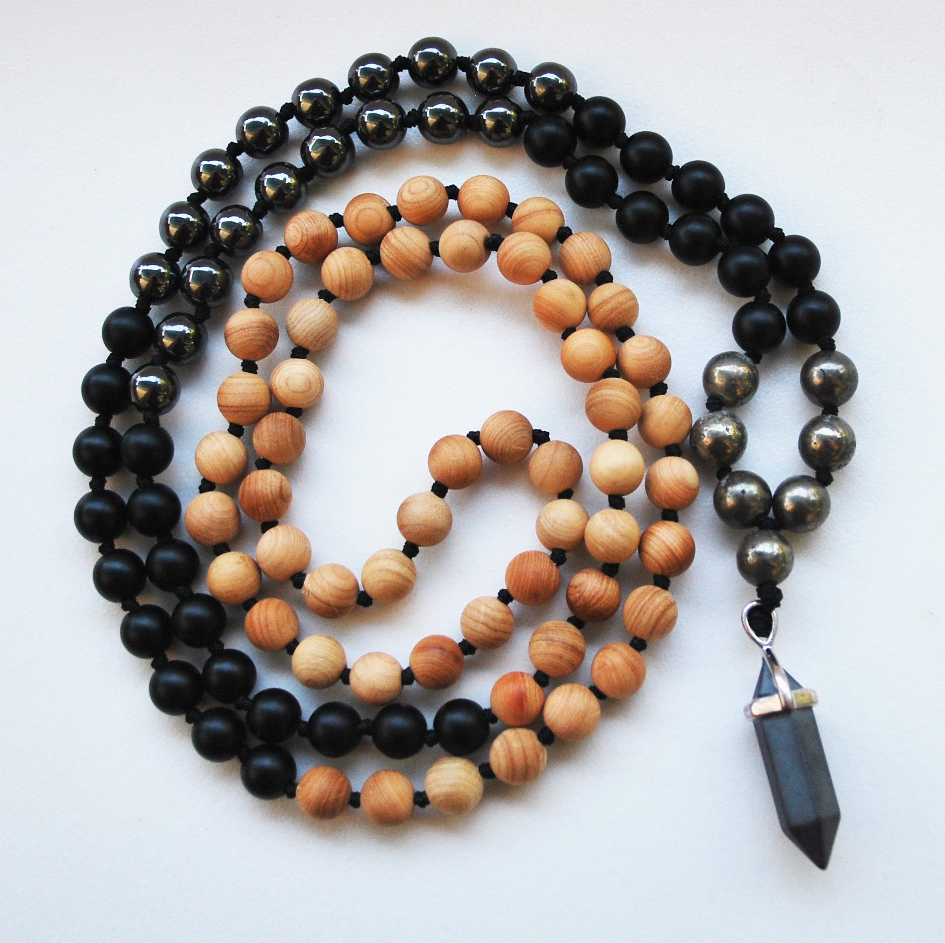 Cypress & Hematite 108 Knotted Mala Necklace with Cotton Tassel