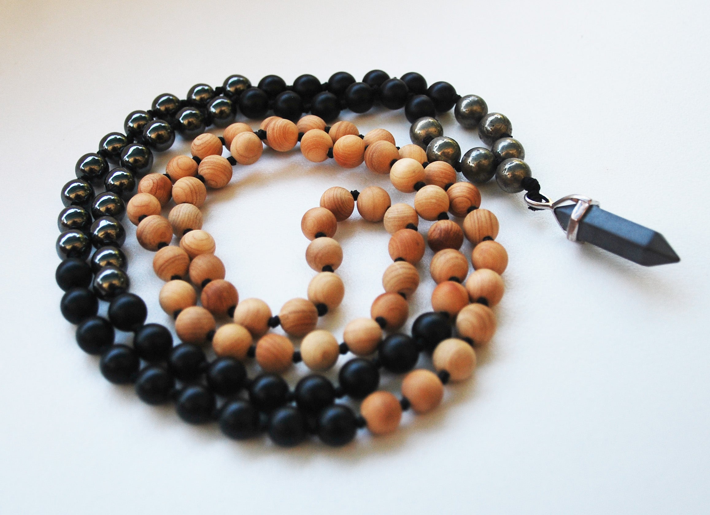 Cypress & Hematite 108 Knotted Mala Necklace with Cotton Tassel