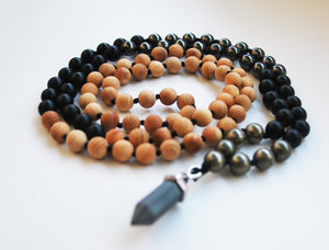 Cypress & Hematite 108 Knotted Mala Necklace with Cotton Tassel