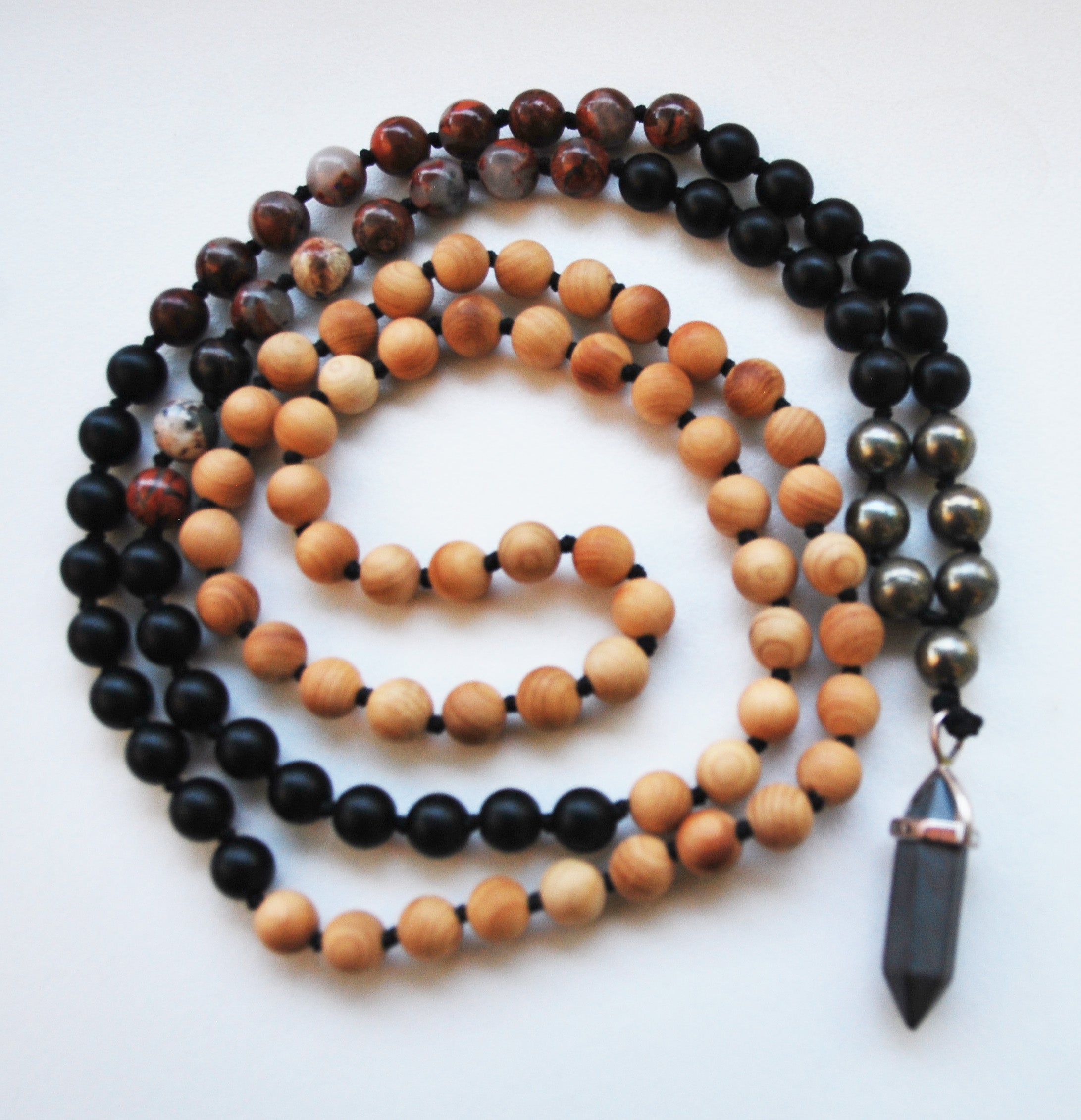 Cypress & Bloodstone 108 Knotted Mala Necklace with Cotton Tassel