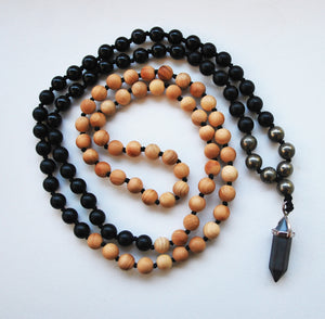 Cypress & Obsidian 108 Knotted Mala Necklace with Cotton Tassel