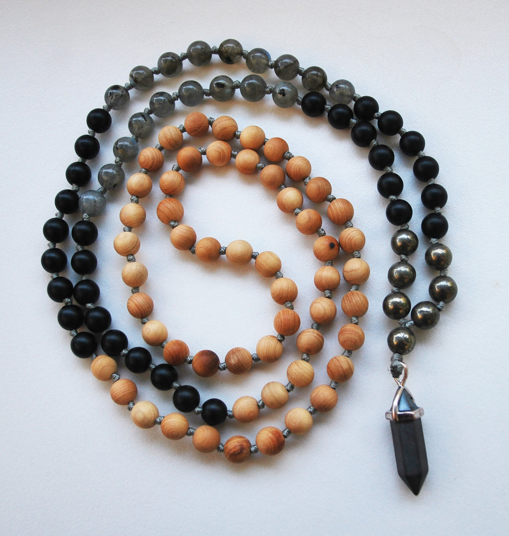 Cypress & Labradorite 108 Knotted Mala Necklace with Cotton Tassel