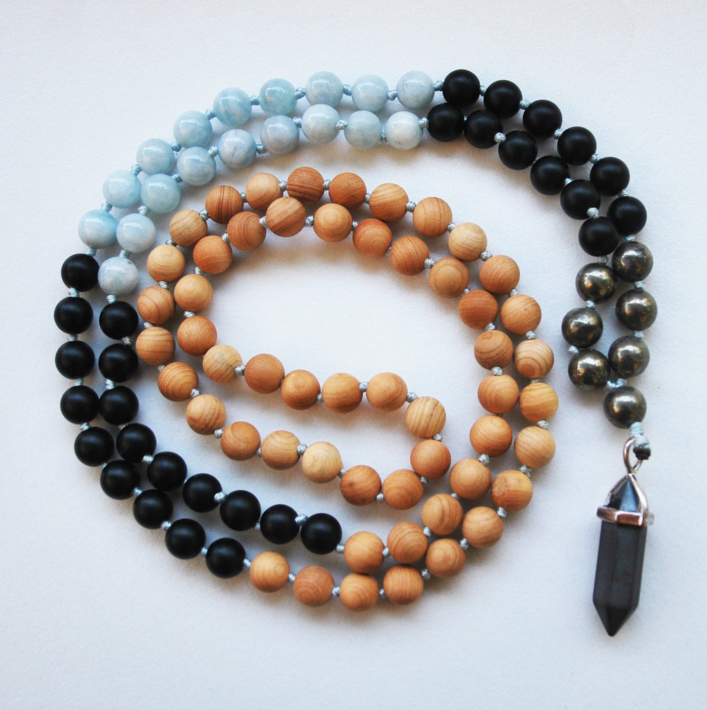 Cypress & Aquamarine 108 Knotted Mala Necklace with Cotton Tassel