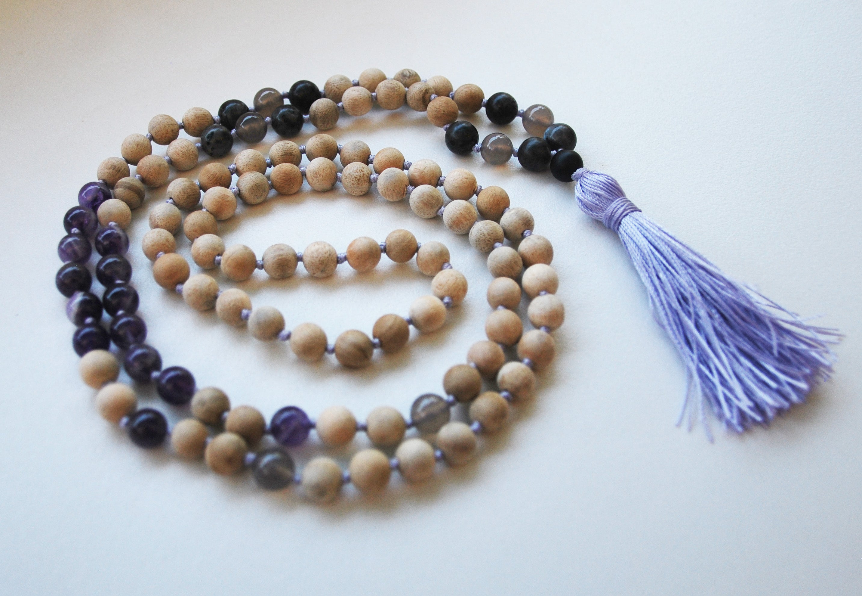 8mm Sandalwood & Amethyst 108 Knotted Mala Necklace with Colored Tassel