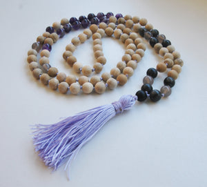 8mm Sandalwood & Amethyst 108 Knotted Mala Necklace with Colored Tassel