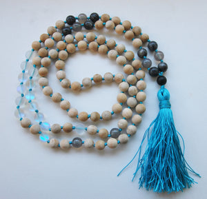 8mm Sandalwood & Austrian Quartz Crystal 108 Knotted Mala Necklace with Colored Tassel