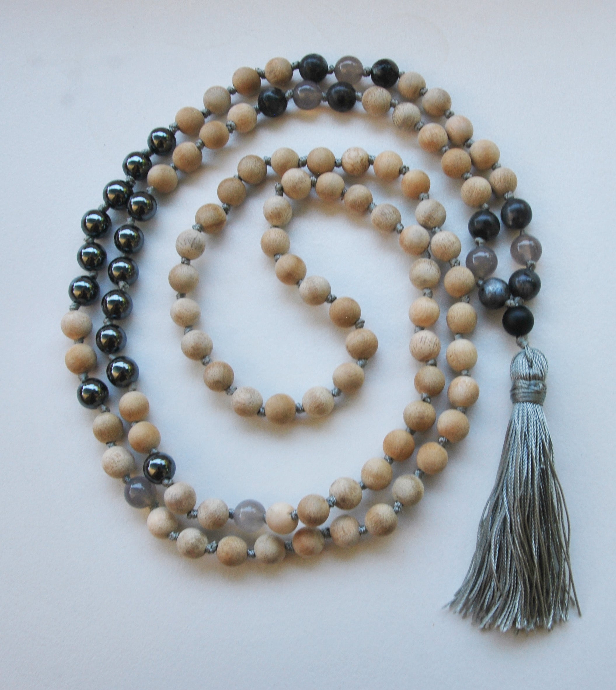 8mm Sandalwood & Hematite 108 Knotted Mala Necklace with Colored Tassel