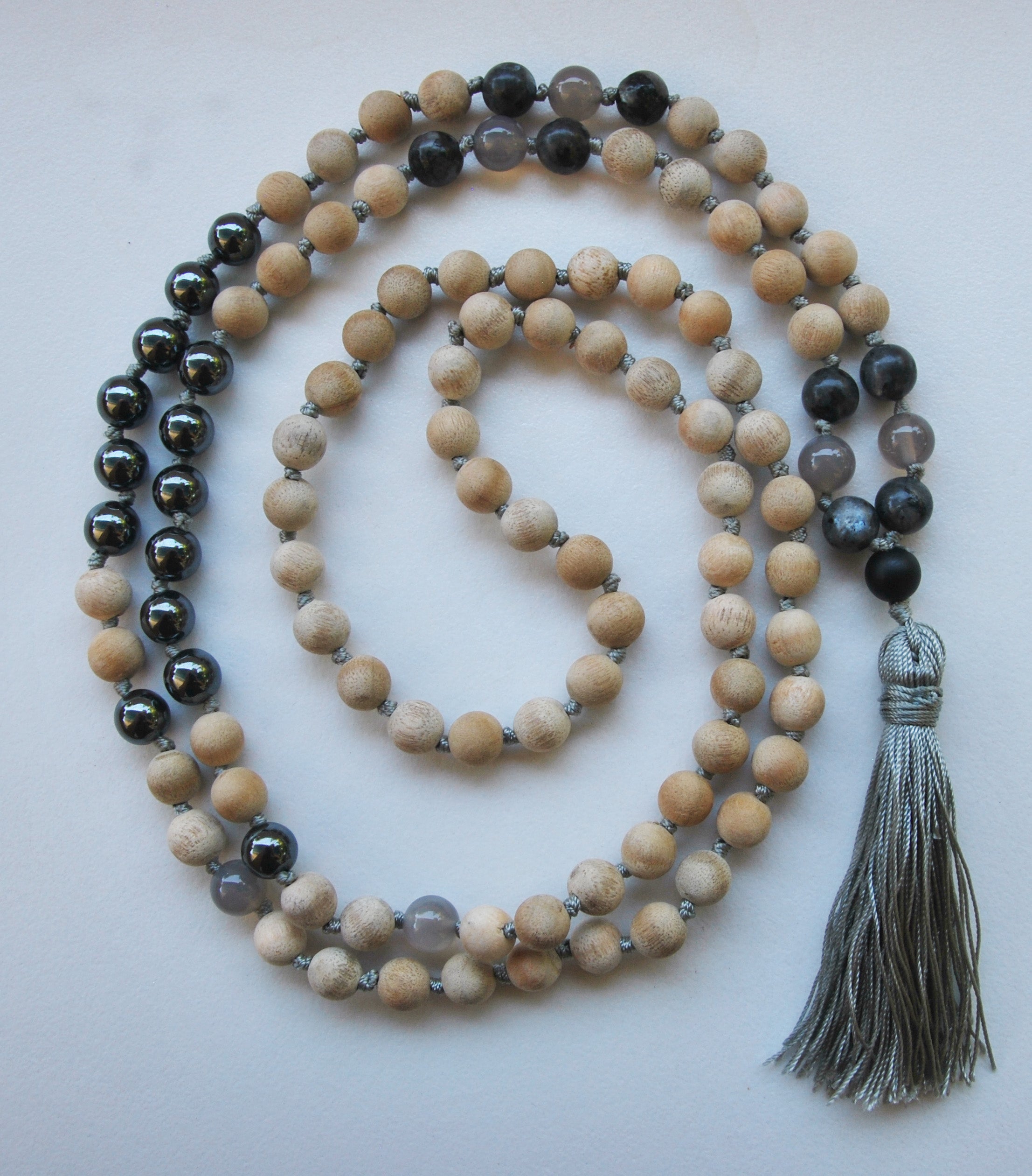 8mm Sandalwood & Hematite 108 Knotted Mala Necklace with Colored Tassel