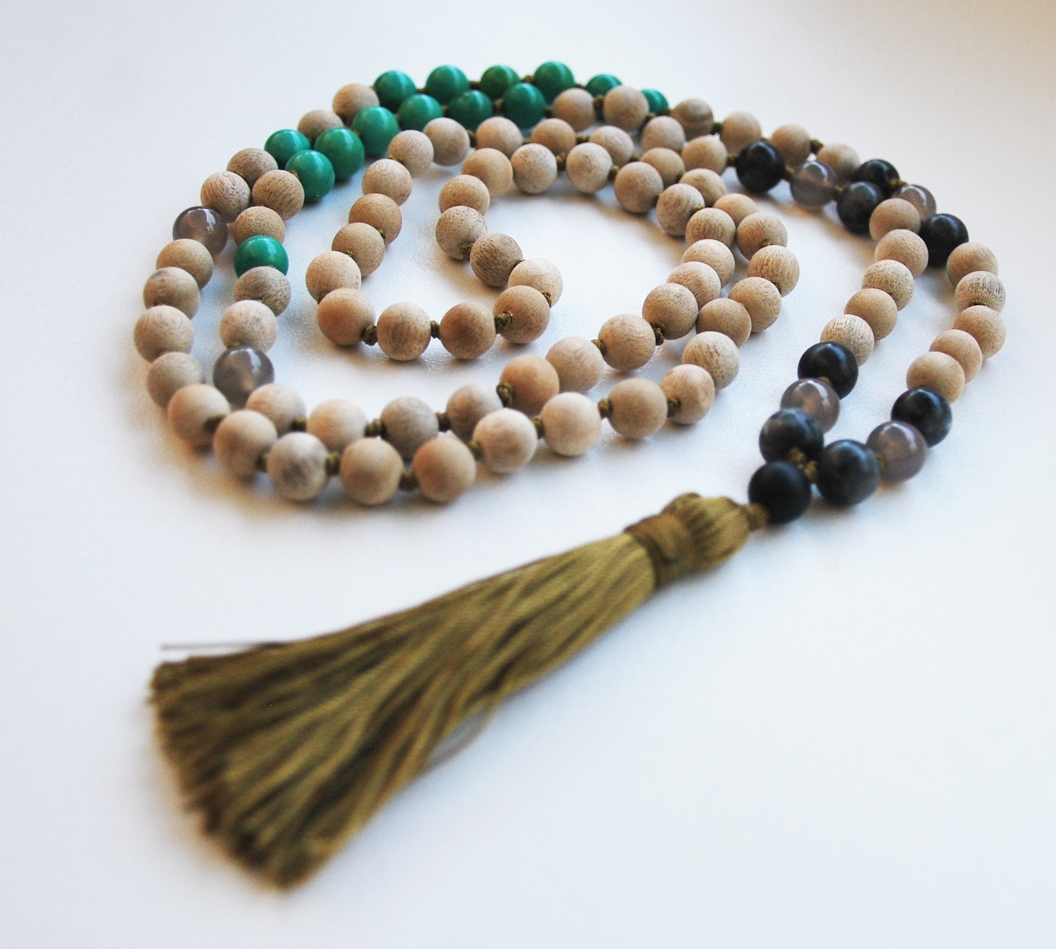8mm Sandalwood & Turquoise 108 Knotted Mala Necklace with Colored Tassel