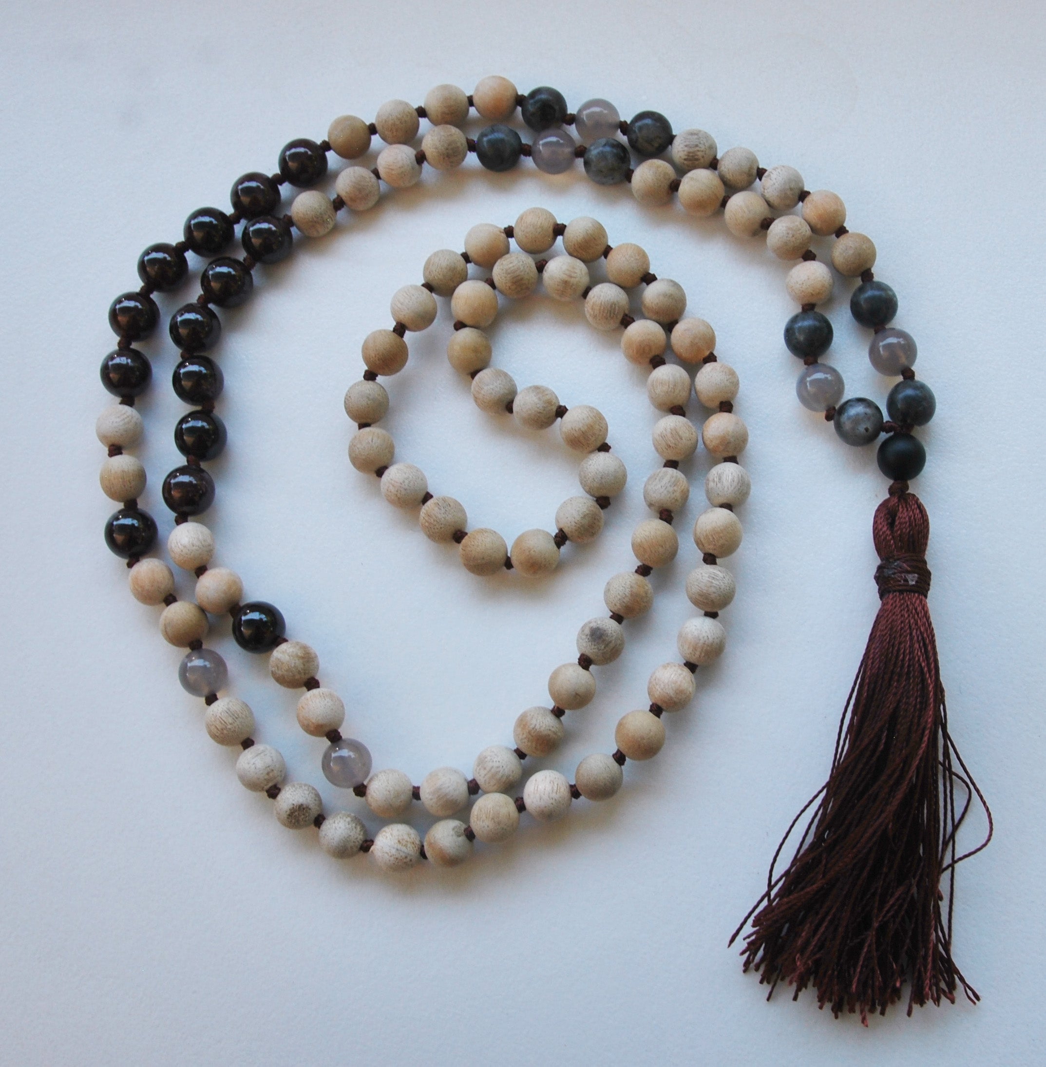 8mm Sandalwood & Garnet 108 Knotted Mala Necklace with Colored Tassel