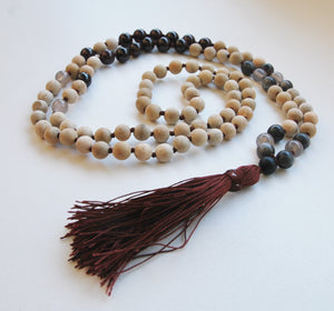 8mm Sandalwood & Garnet 108 Knotted Mala Necklace with Colored Tassel