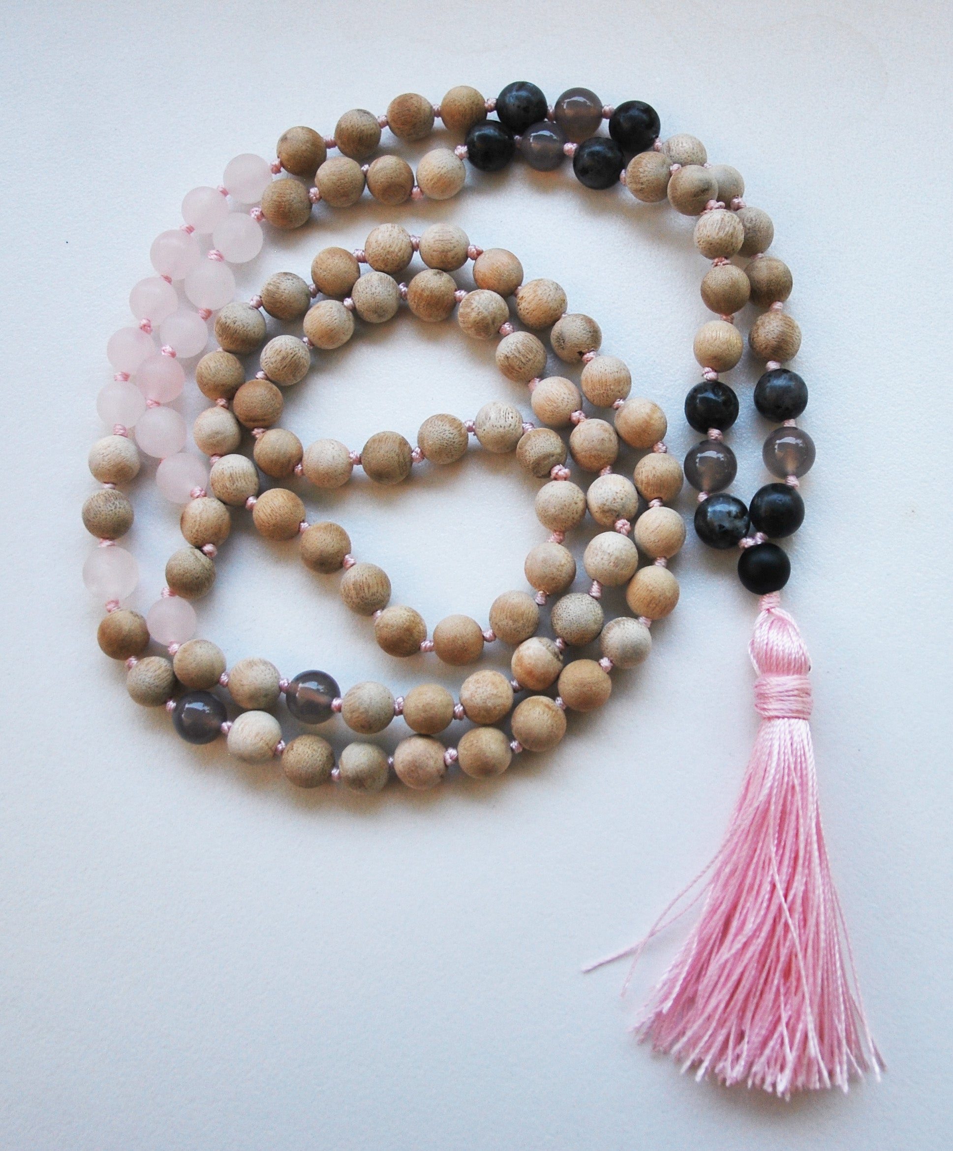 8mm Sandalwood & Rose Quartz  108 Knotted Mala Necklace with Colored Tassel