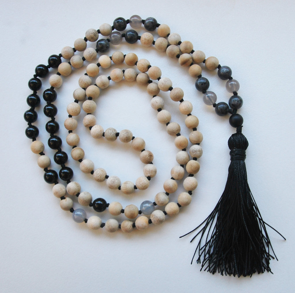 8mm Sandalwood & Obsidian 108 Knotted Mala Necklace with Colored Tassel