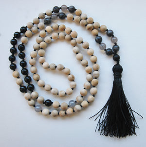 8mm Sandalwood & Obsidian 108 Knotted Mala Necklace with Colored Tassel