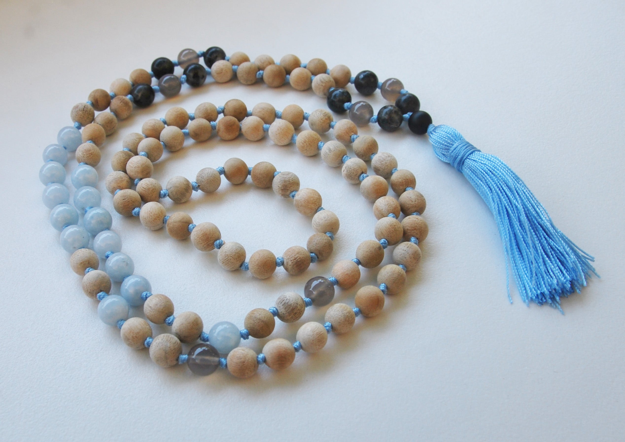 8mm Sandalwood & Aquamarine 108 Knotted Mala Necklace with Colored Tassel