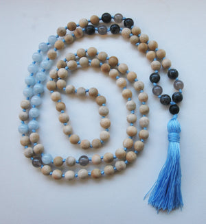 8mm Sandalwood & Aquamarine 108 Knotted Mala Necklace with Colored Tassel