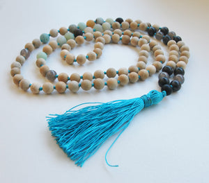 8mm Sandalwood & Amazonite 108 Knotted Mala Necklace with Colored Tassel