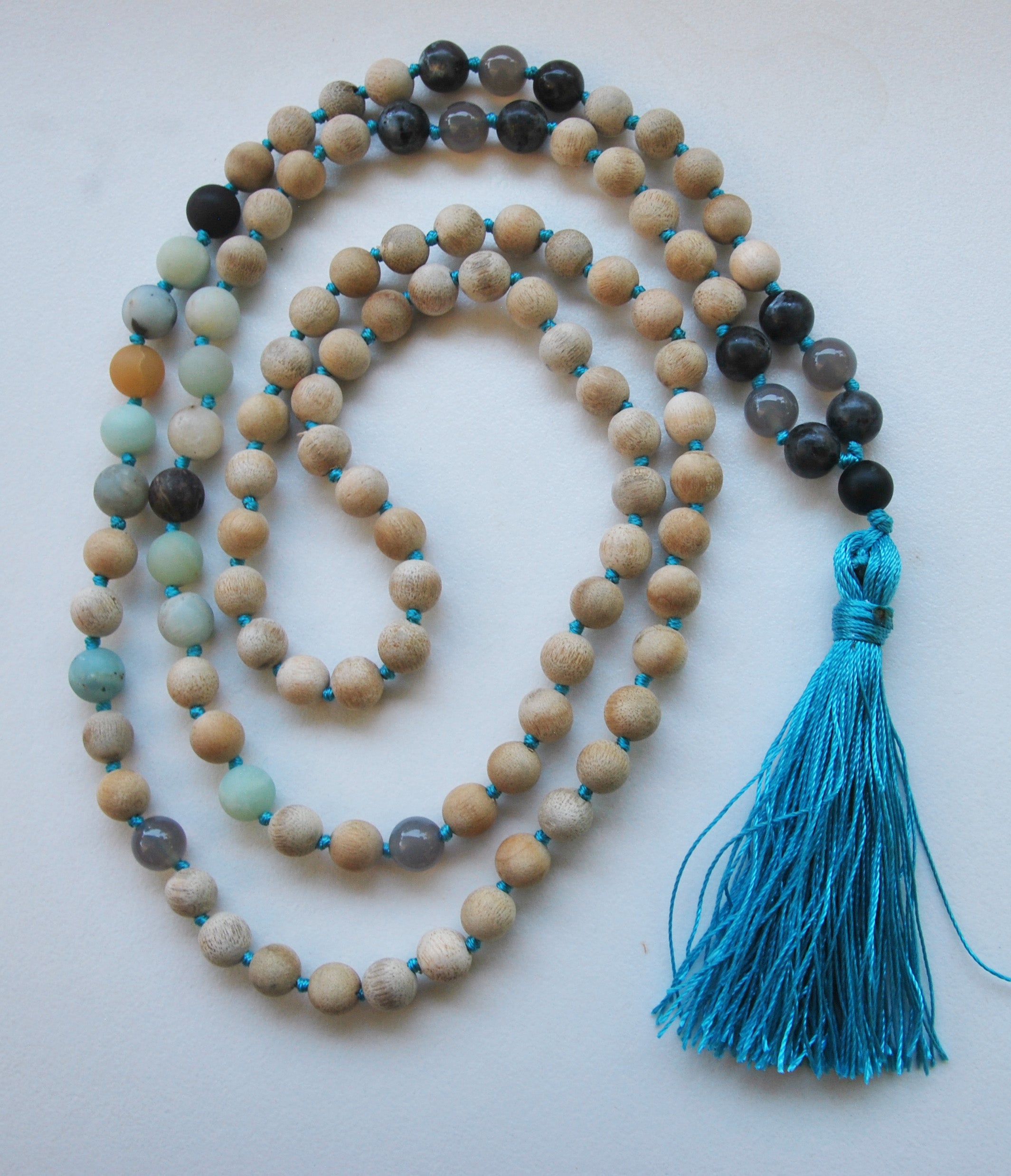 8mm Sandalwood & Amazonite 108 Knotted Mala Necklace with Colored Tassel
