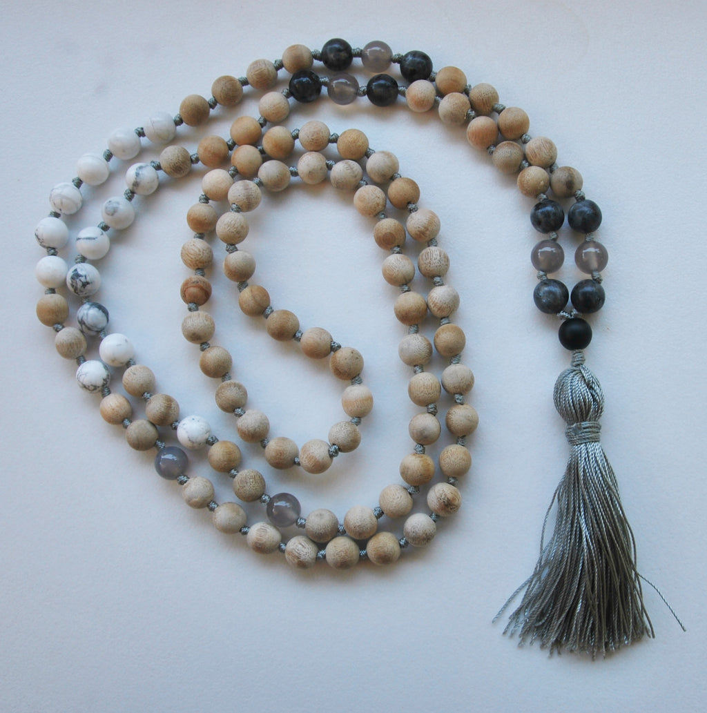 8mm Sandalwood & Howlite 108 Knotted Mala Necklace with Colored Tassel