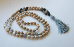 8mm Sandalwood & Howlite 108 Knotted Mala Necklace with Colored Tassel