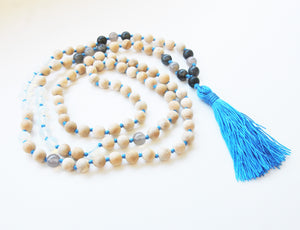 8mm Sandalwood & Opalite 108 Knotted Mala Necklace with Colored Tassel