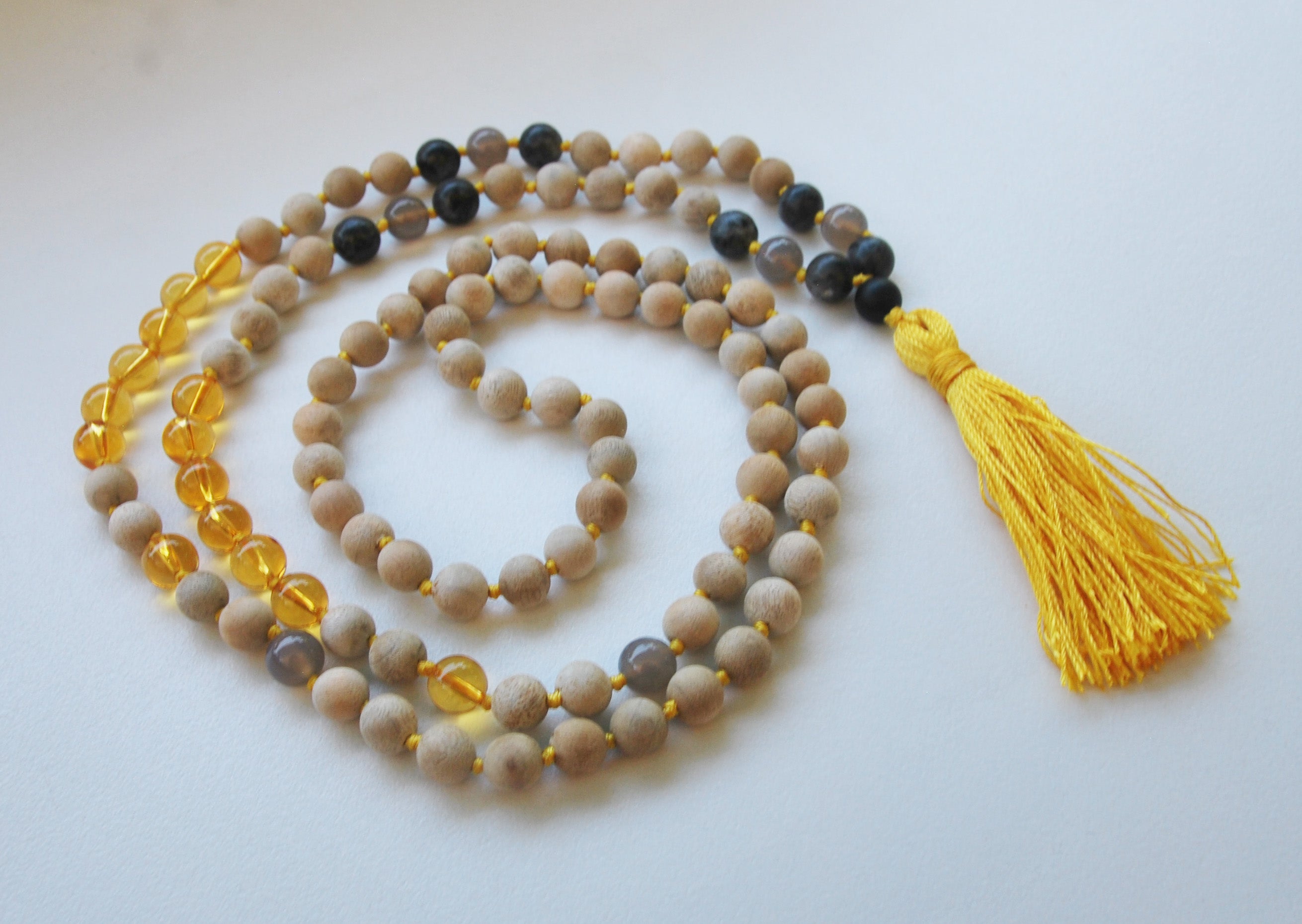 8mm Sandalwood & Citrine 108 Knotted Mala Necklace with Colored Tassel