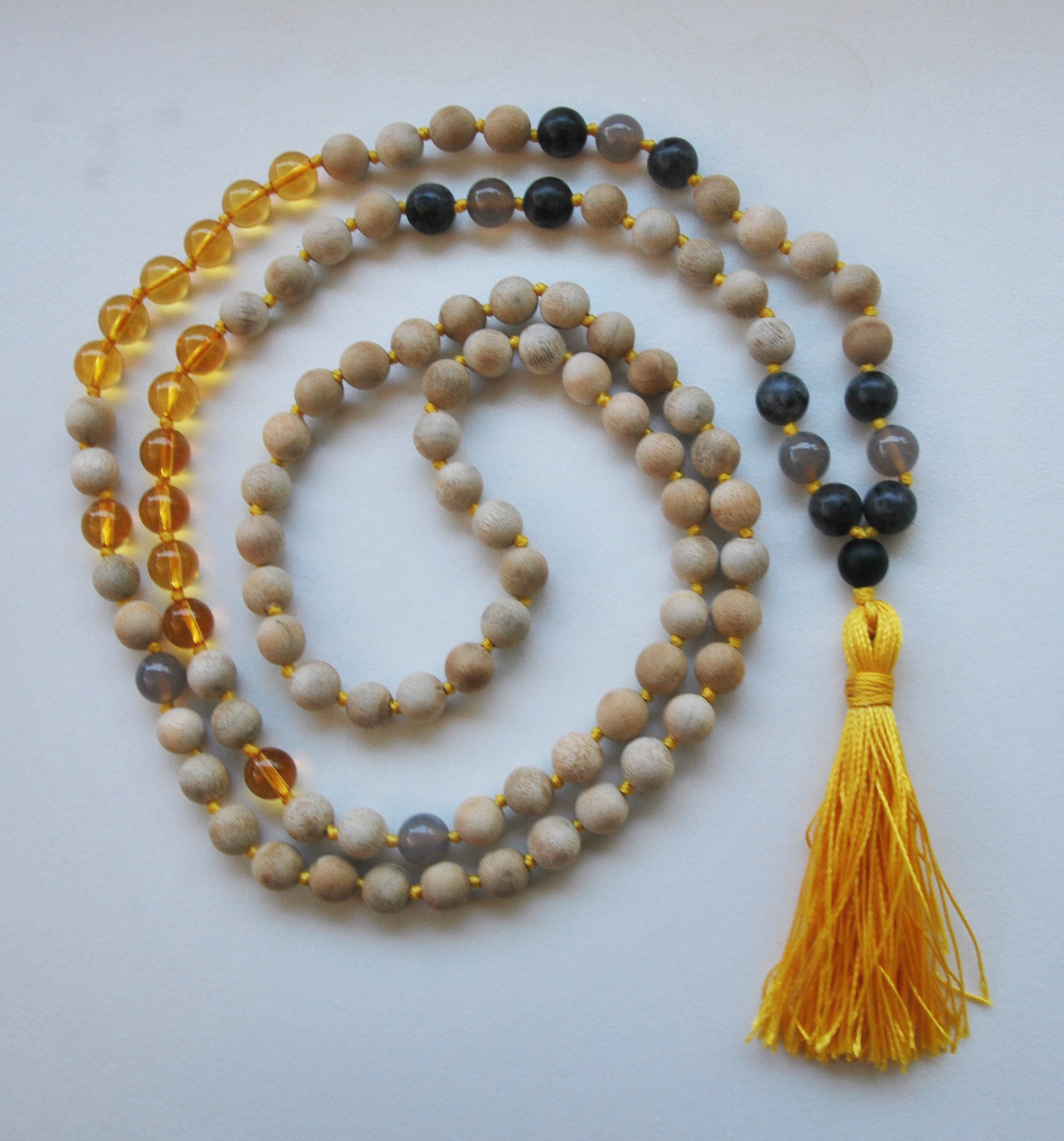 8mm Sandalwood & Citrine 108 Knotted Mala Necklace with Colored Tassel