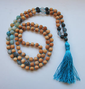 8mm Cypress & Amazonite 108 Knotted Mala Necklace with Colored Tassel